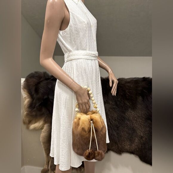 Brown Gradient Real Mink Fur Handmade Drawstring Bucket Bag Includes 2 Straps - Picture 7 of 16